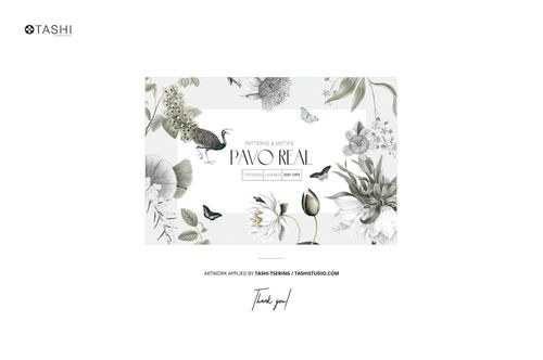 Front view of hanging fabric with botanical and peacock illustrations, displayed in a neutral setting on a mockup.