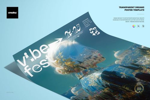 PSD mockup of a poster on a flat surface, displaying a transparent layered image of a person and urban scenery.