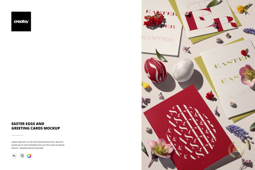 Easter PSD mockup displaying greeting cards and painted eggs with floral accents from an overhead perspective.