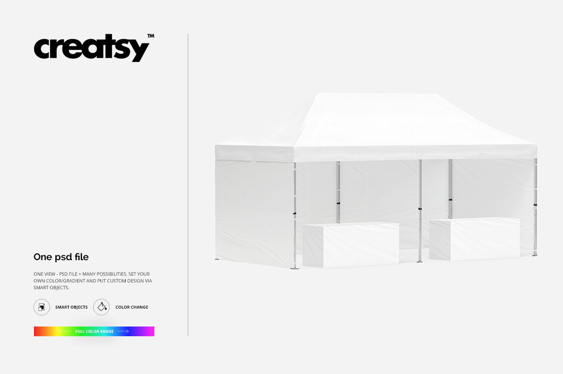 Pop up tent mockup featuring a spacious white canopy and two tables, displayed with a clean, minimal backdrop.