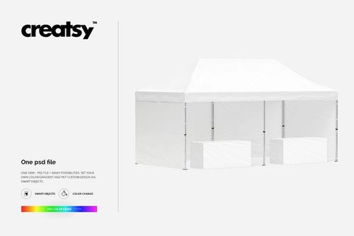 Pop up tent mockup featuring a spacious white canopy and two tables, displayed with a clean, minimal backdrop.