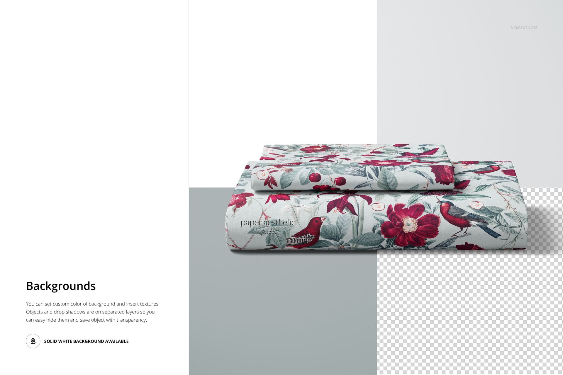 PSD mockup featuring a folded bed sheet and pillow cover decorated with red flowers and birds, viewed from the front.