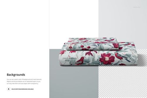 PSD mockup featuring a folded bed sheet and pillow cover decorated with red flowers and birds, viewed from the front.