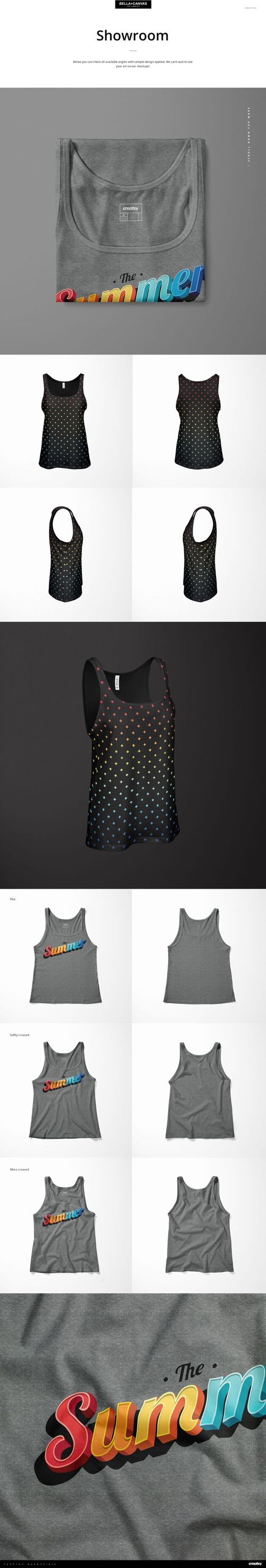 Women's relaxed jersey tank top mockup in gray with colorful print, shown in various front and back views.