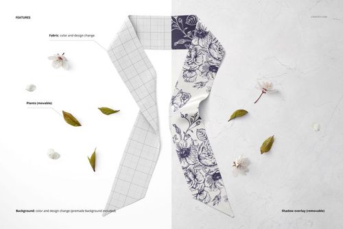 Top view of a twilly scarf mockup on a light surface, showing half with a floral pattern and half with a grid design.