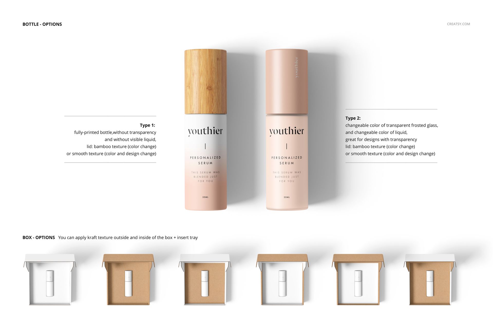 Cosmetic mailing box mockup set showing rectangular boxes with open lids and bottles, displayed from a top view.