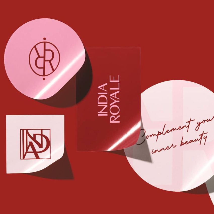 Sticker mockup featuring various shapes and sizes on a red background, with minimal designs and text overlays in red and pink tones.