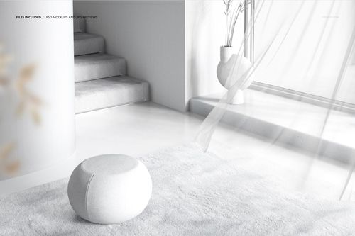Pouf and carpet mockup featuring a soft round pouf on a light carpet in a bright, modern interior with stairs.