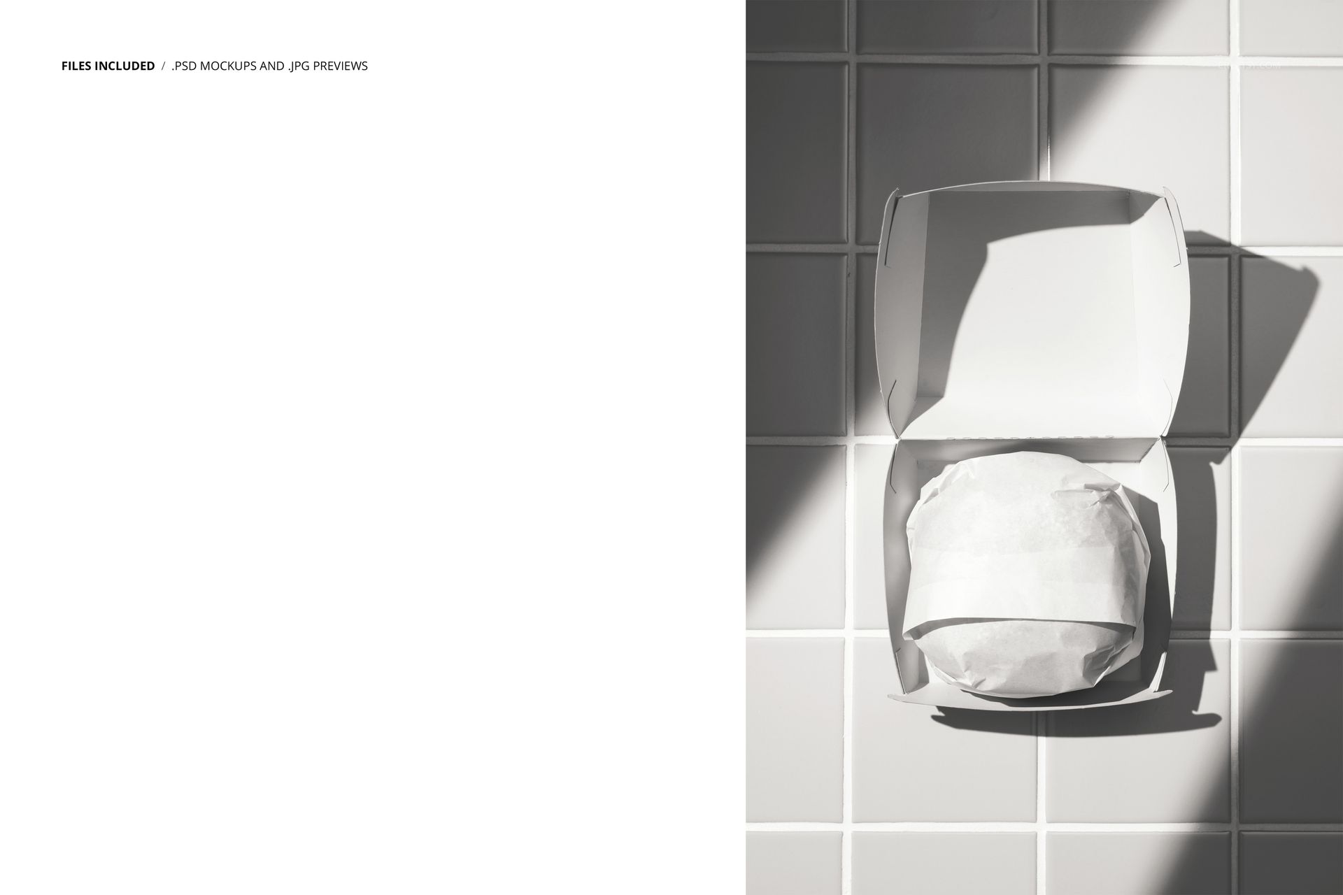 Burger wrapped in white paper inside an open packaging box, PSD mockup scene with tiled floor and natural lighting.