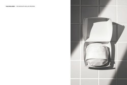 Burger wrapped in white paper inside an open packaging box, PSD mockup scene with tiled floor and natural lighting.