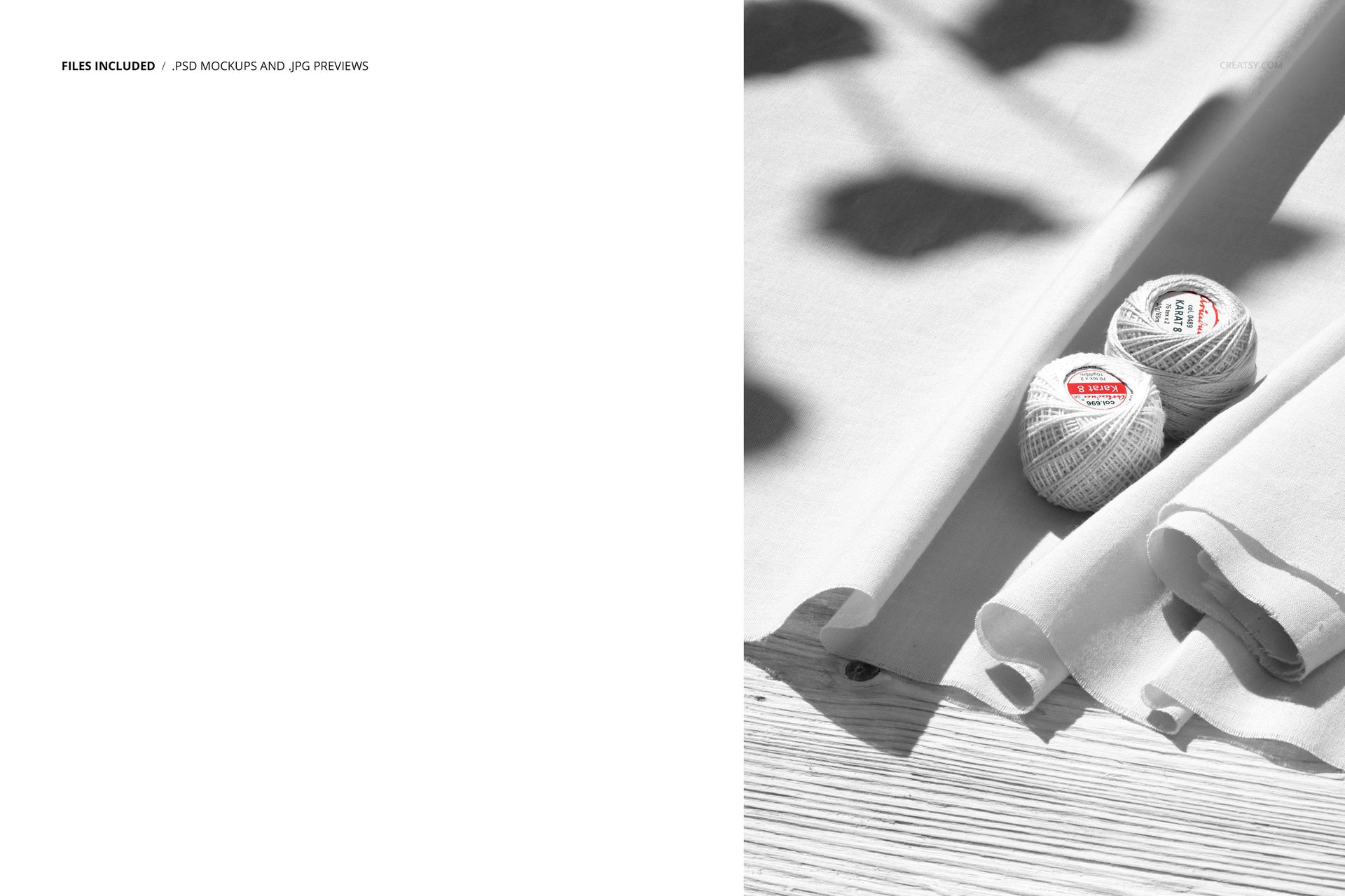 PSD mockup featuring white cotton textiles and crochet thread balls placed on a wooden background, viewed from the top.