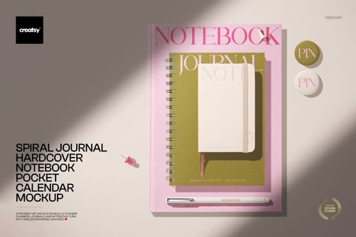 Top view of a stationery mockup featuring a spiral journal, hardcover notebook, pen, and decorative pins on a pink background.