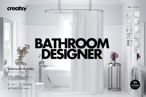 Bright bathroom mockup featuring a white shower curtain, large windows, and pink flowers on a metal stand.