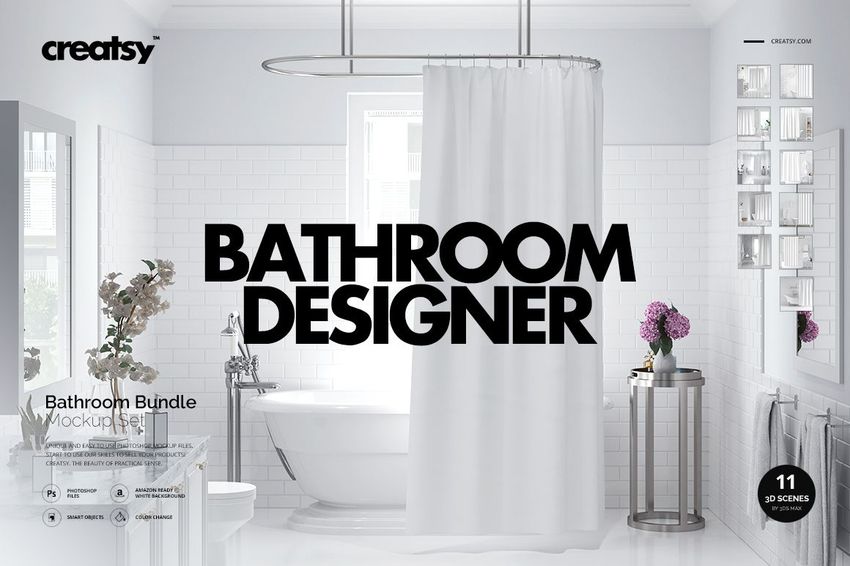 Bright bathroom mockup featuring a white shower curtain, large windows, and pink flowers on a metal stand.