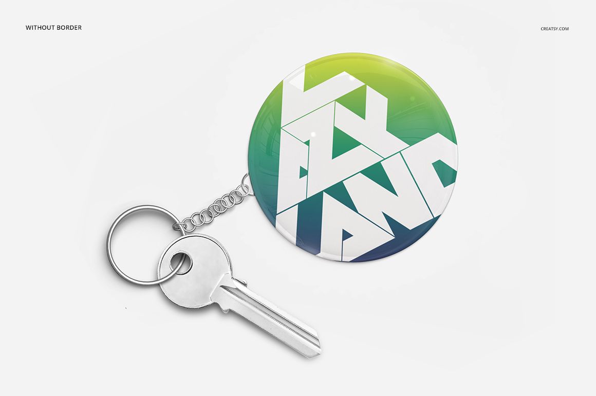 PSD mockup of a circular key chain with abstract white lettering over a green and blue gradient, displayed from above.