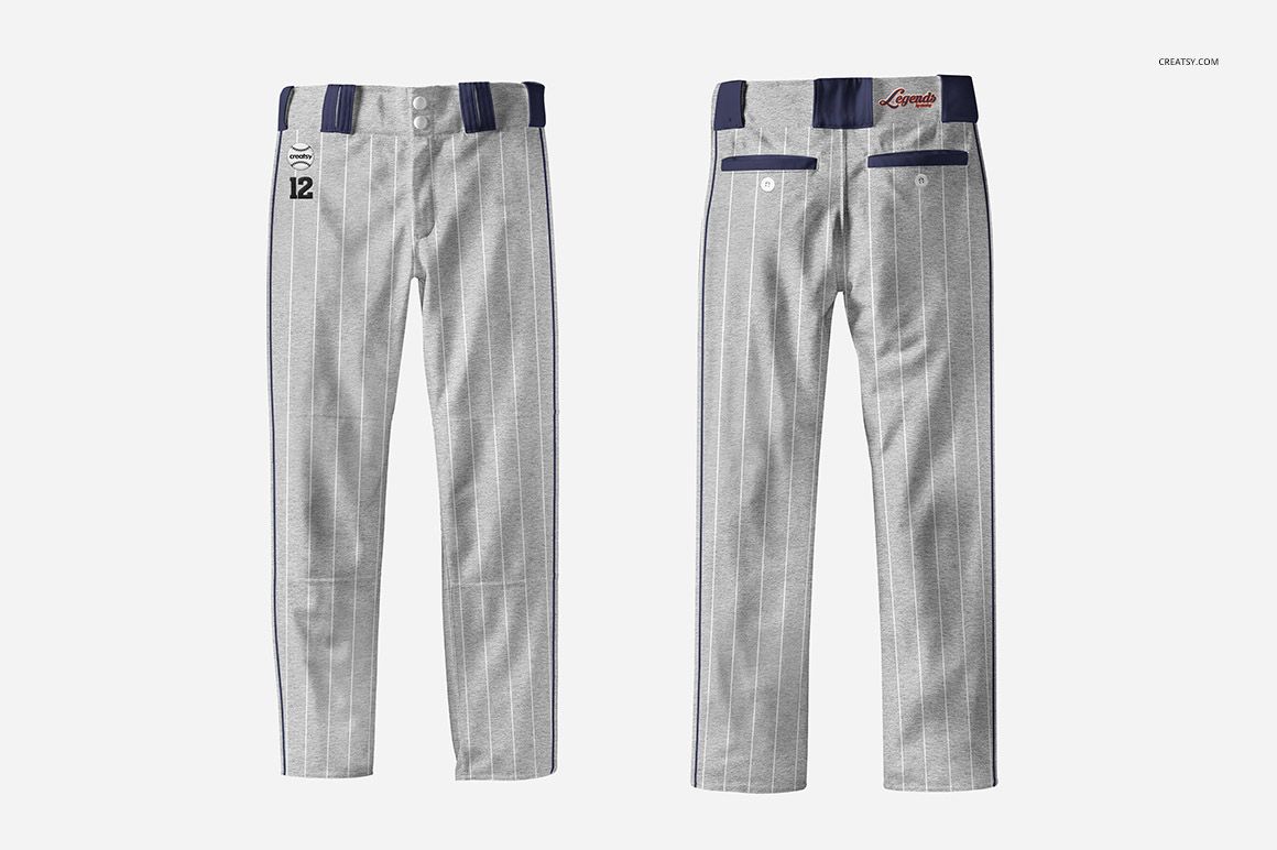 PSD mockup showing adult baseball pants in gray tones, featuring pinstripe pattern and contrasting waistband details.
