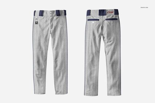 PSD mockup showing adult baseball pants in gray tones, featuring pinstripe pattern and contrasting waistband details.