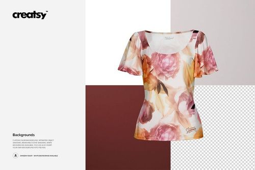 PSD mockup showing a women's blouse with wavy sleeves and large watercolor flowers in warm colors, displayed on a solid background.