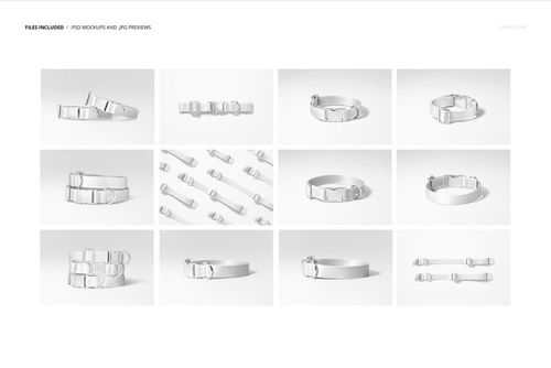 Dog collar mockup set featuring multiple white collars displayed from various angles on a plain background.