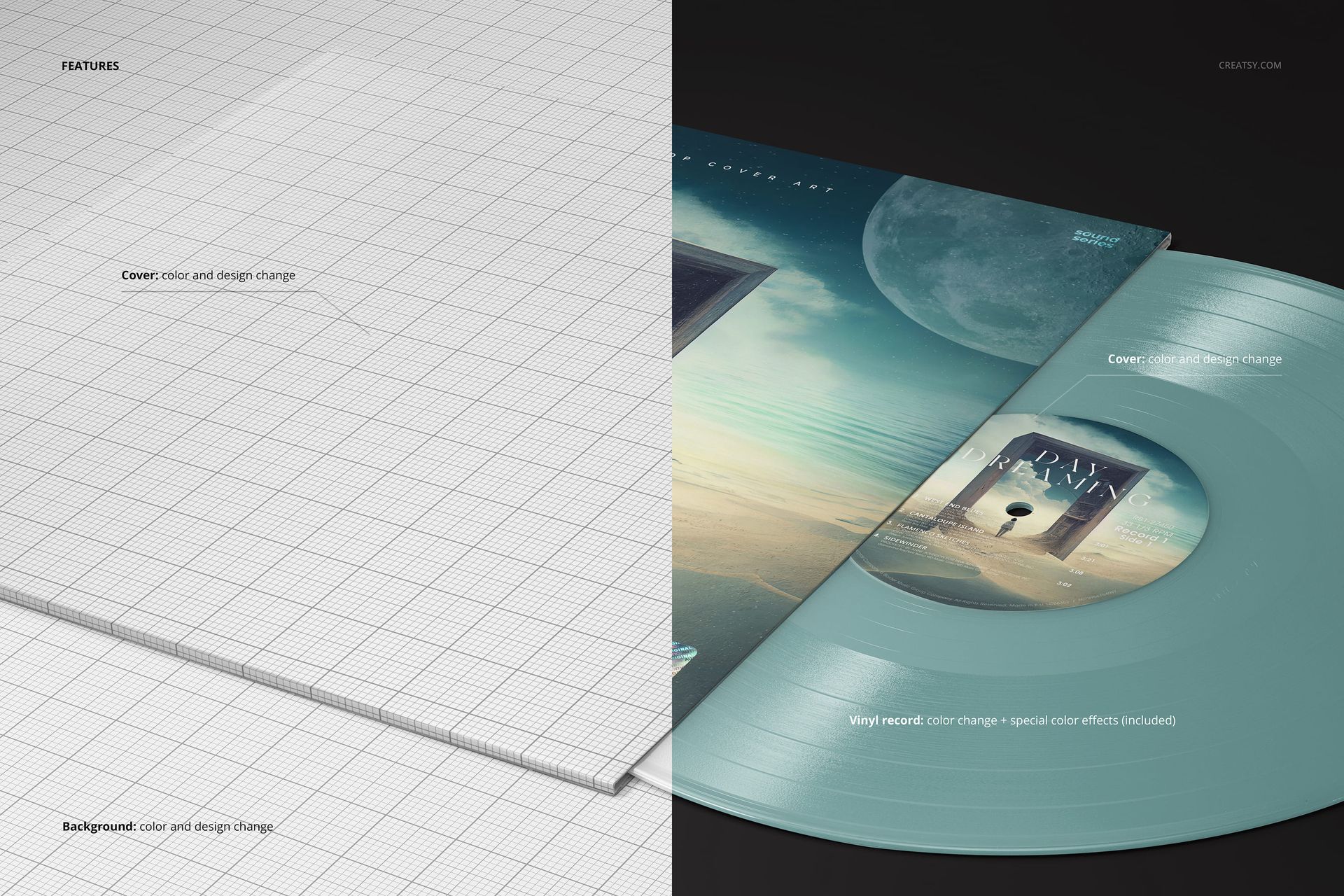 Mockup showing a colored vinyl record in its cover, displayed at an angle with a split grid and graphic background.