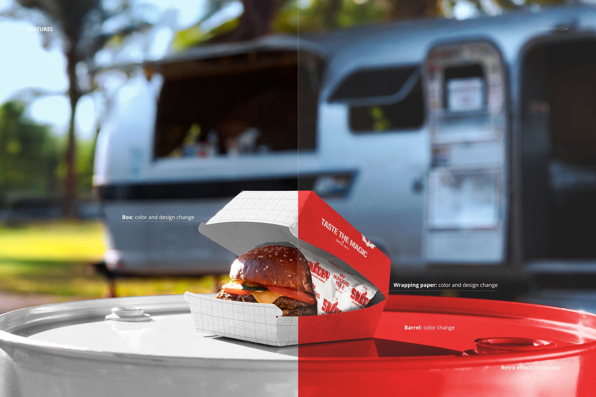 Burger box mockup with a burger inside, placed on a barrel outdoors near a food truck, split color background.