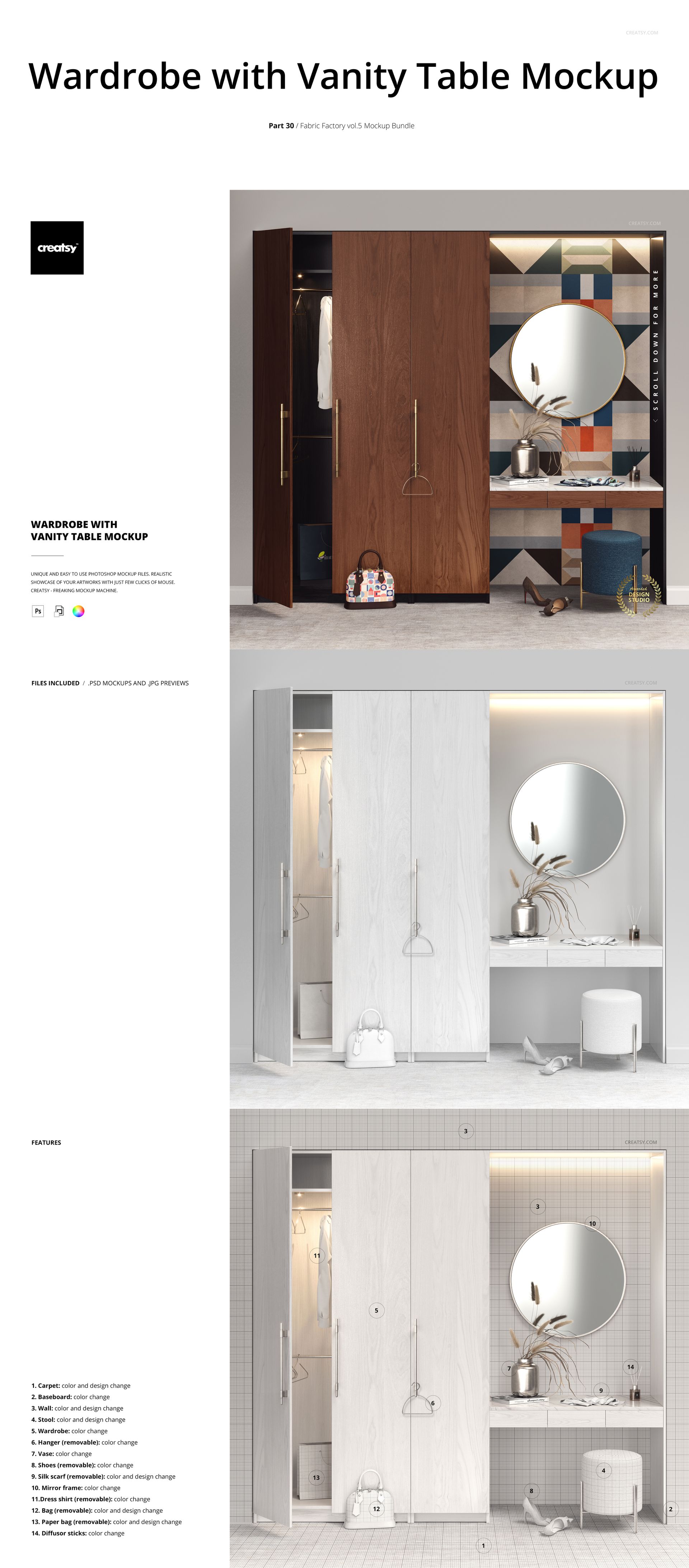 Wardrobe and vanity table mockup featuring a round mirror, wooden cabinet, and decorative props in a modern room.