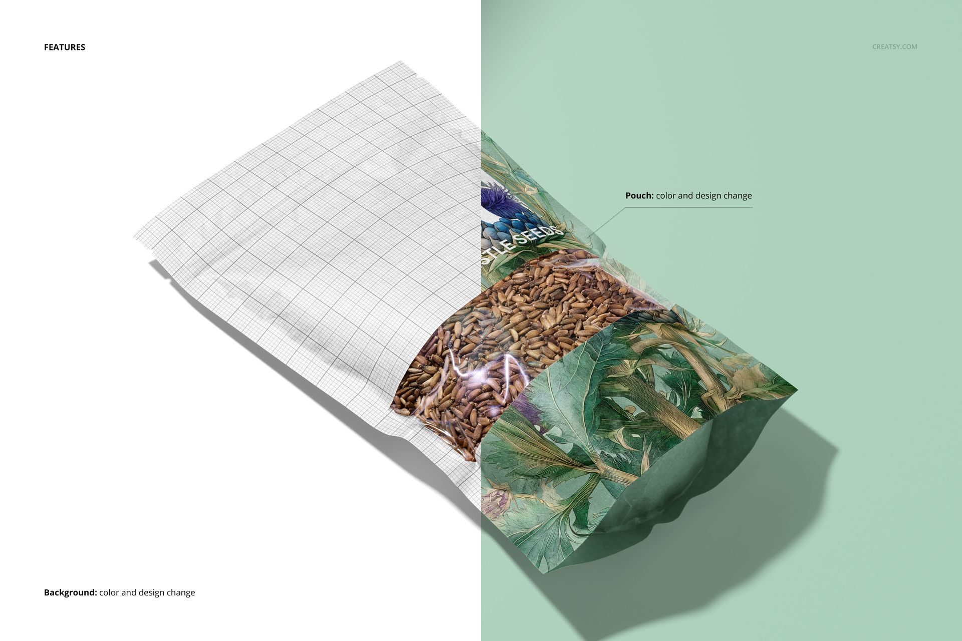 Milk thistle seeds paper pouch mockup displayed in a diagonal top view, featuring customizable design and background.