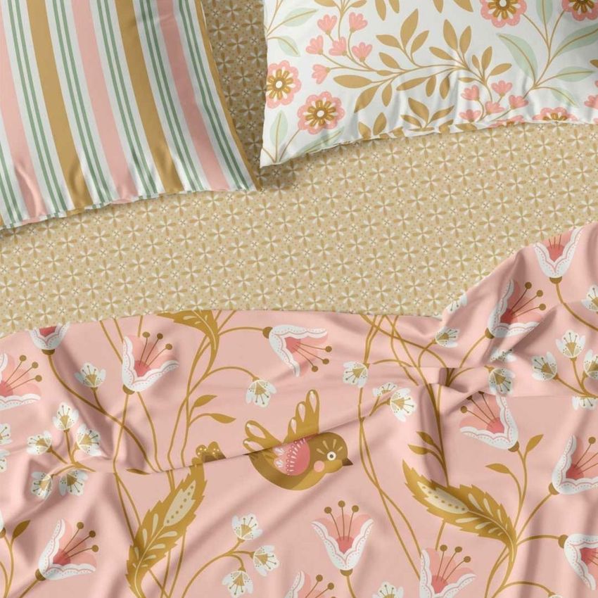 Bedding set mockup featuring a flat lay of patterned sheets and pillowcases with floral and striped designs in pastel tones.