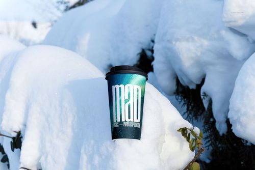 Winter-themed paper cup mockup featuring a dark lid and colorful print, placed on thick white snow in a natural setting.