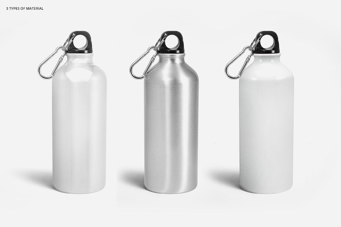 PSD mockup showing three drinkware bottles in different finishes, arranged in a row against a plain white backdrop.