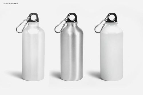 PSD mockup showing three drinkware bottles in different finishes, arranged in a row against a plain white backdrop.