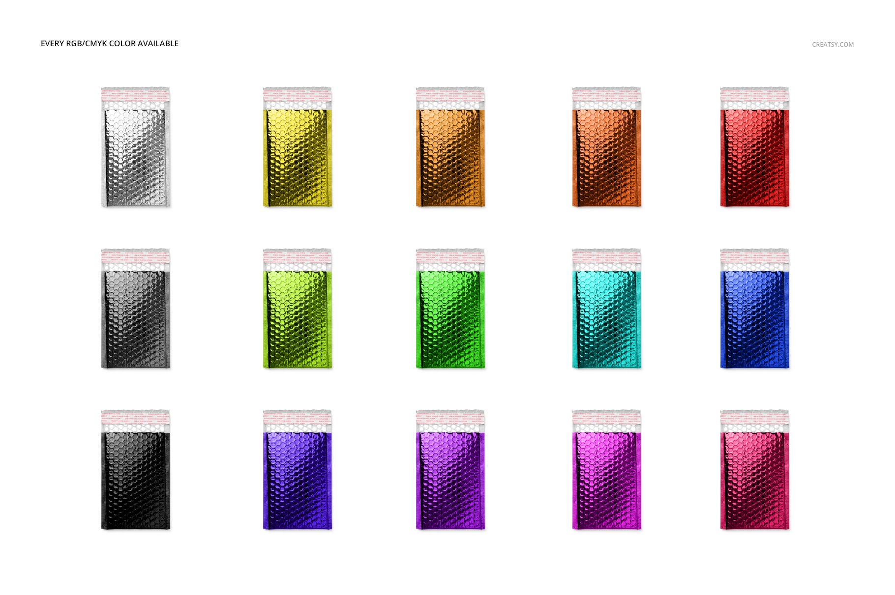 Metallic bubble mailer PSD mockup set showing fifteen mailers in different colors, displayed in rows and columns.