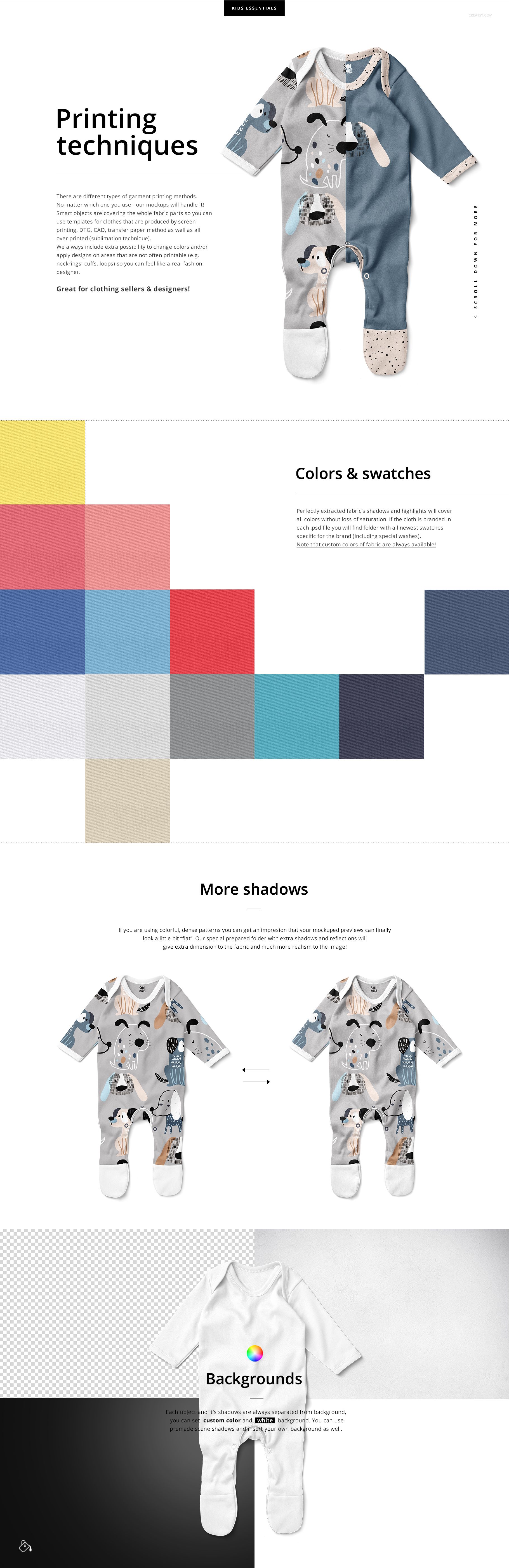 Front view of a baby rompersuit mockup with long sleeves and feet, featuring a split blue and gray color scheme and playful animal patterns.