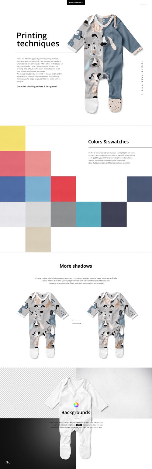 Front view of a baby rompersuit mockup with long sleeves and feet, featuring a split blue and gray color scheme and playful animal patterns.