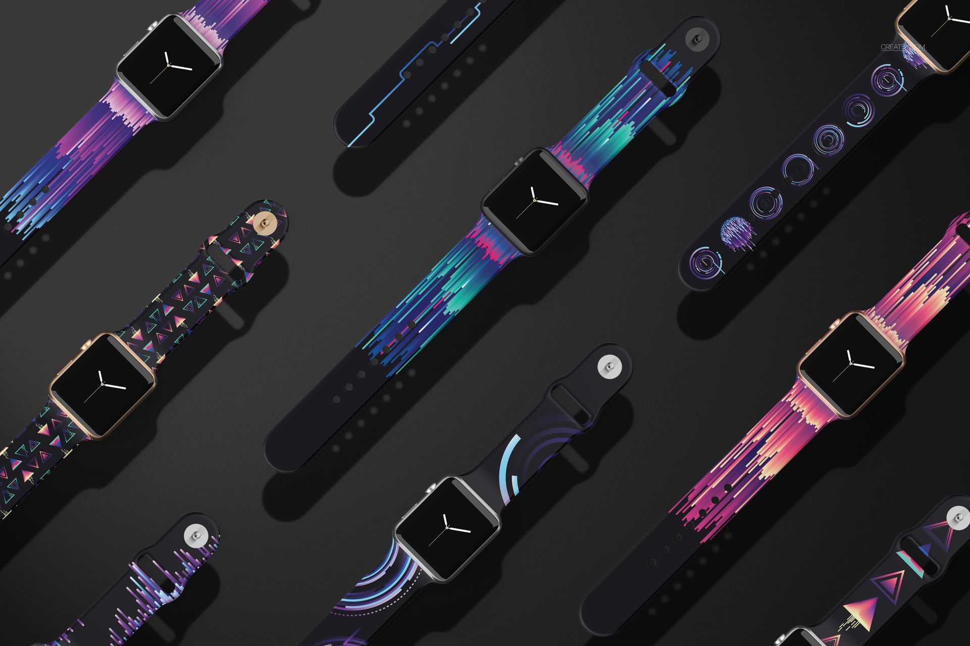 Apple Watch Band mockup set featuring various bands with vibrant geometric and digital designs, arranged in rows.