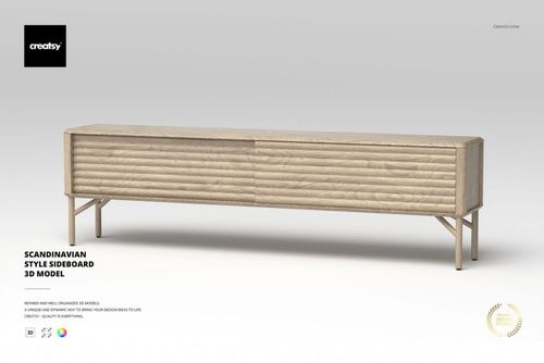 Scandinavian style sideboard with light wood finish, ribbed front panels, and slender legs, shown from the front.