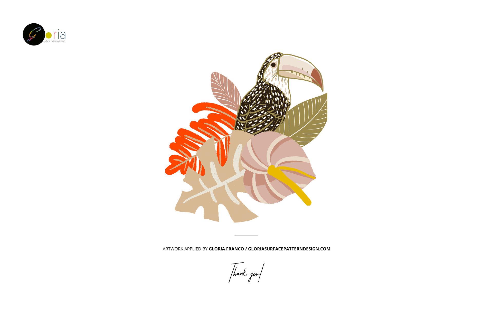 Illustration of a toucan perched on tropical leaves in orange, pink, and beige tones on a white background.