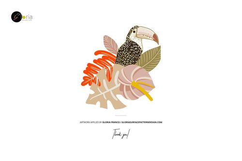 Illustration of a toucan perched on tropical leaves in orange, pink, and beige tones on a white background.