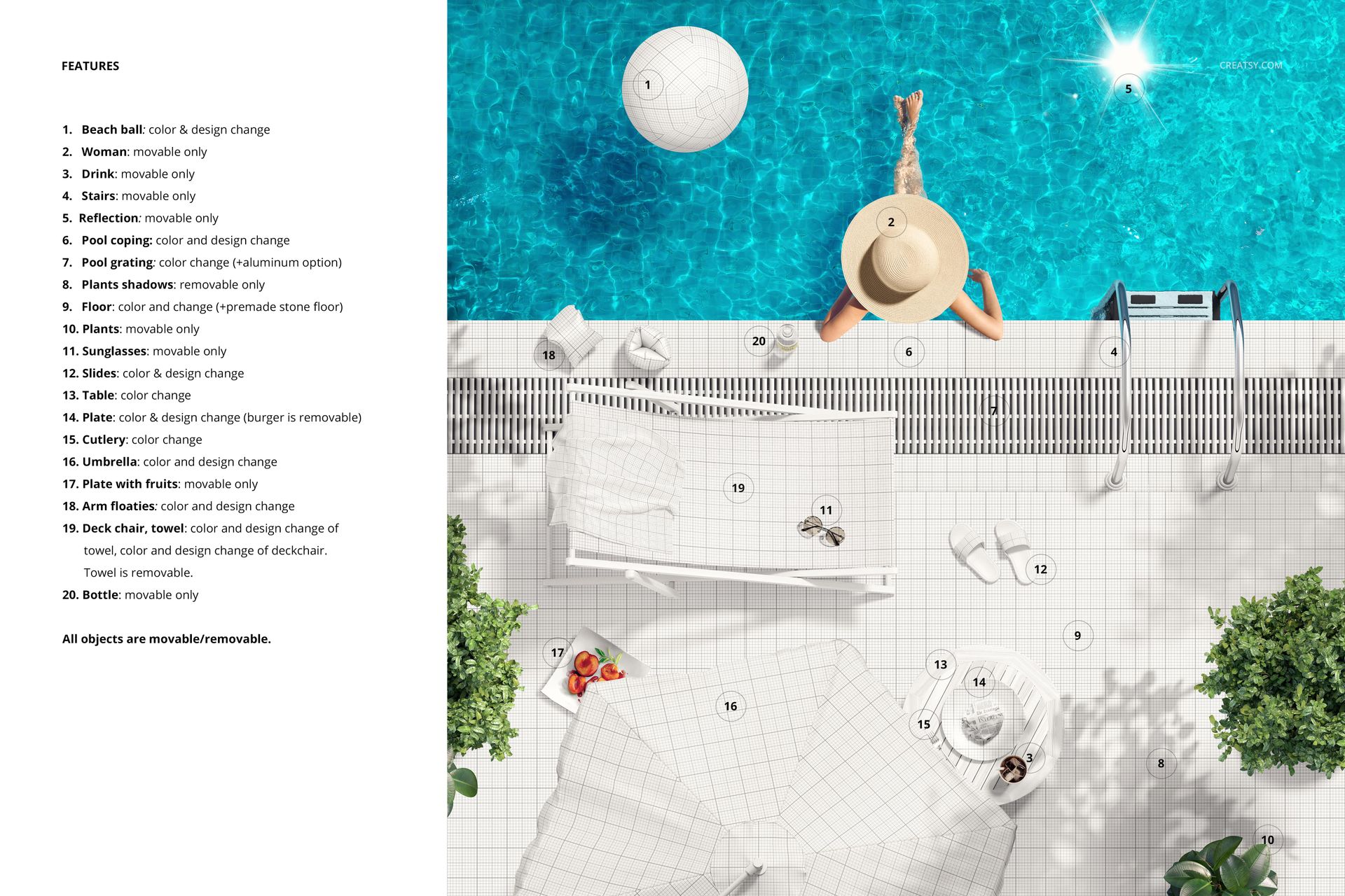 Top view of a poolside scene with towels, sunhat, lounge chair, and clear blue water, created as a towel mockup.