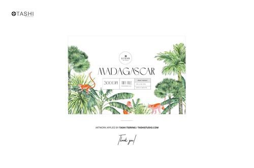 Front view of a knee high socks mockup set featuring a tropical jungle scene with green palm trees and orange animals on a white background.