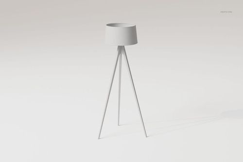 Minimalist tripod floor lamp with a cylindrical shade, shown from a front angle on a plain light background.