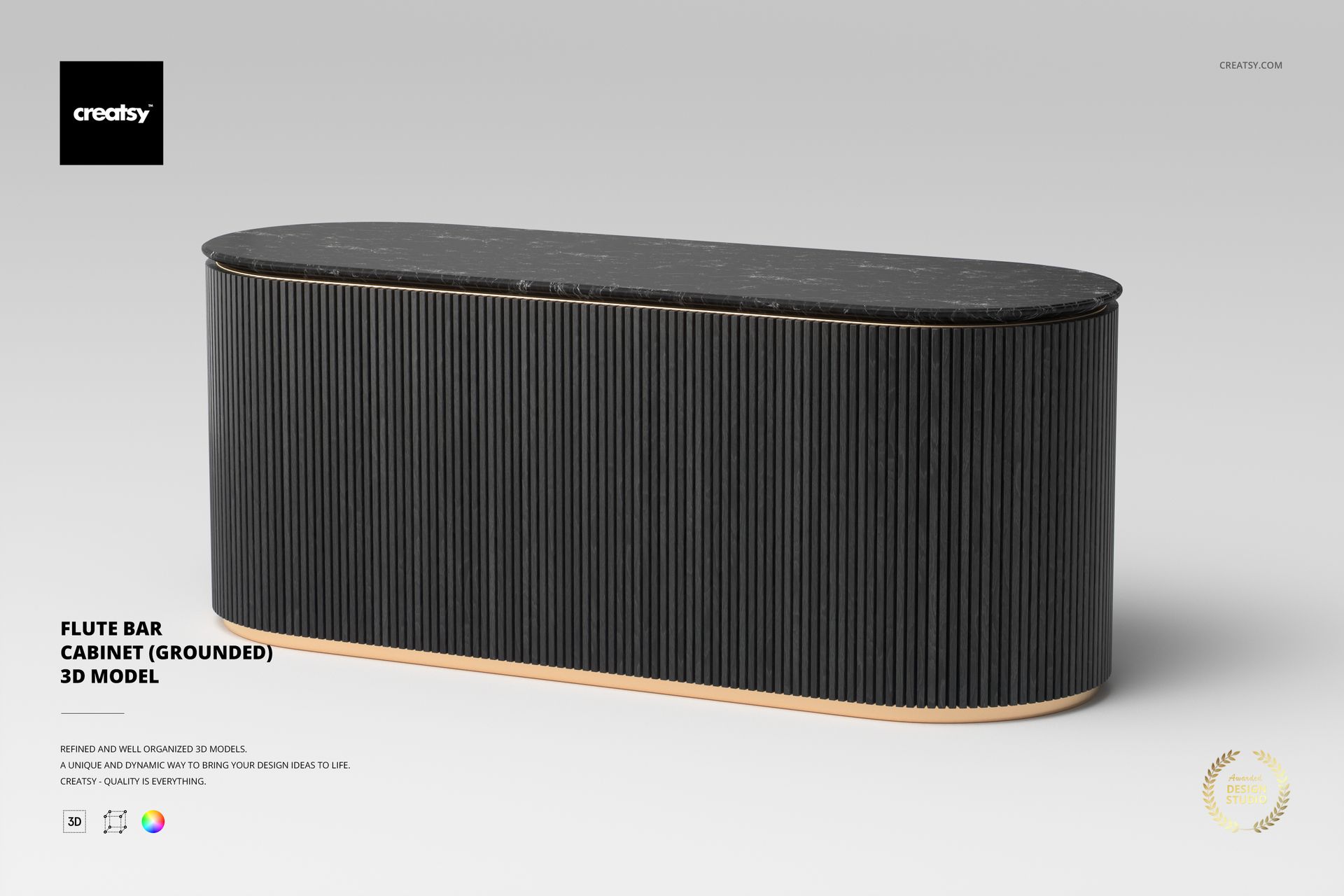 Oval-shaped bar cabinet with vertical ribbed texture, dark top surface, and light wooden base, front view on gray background.