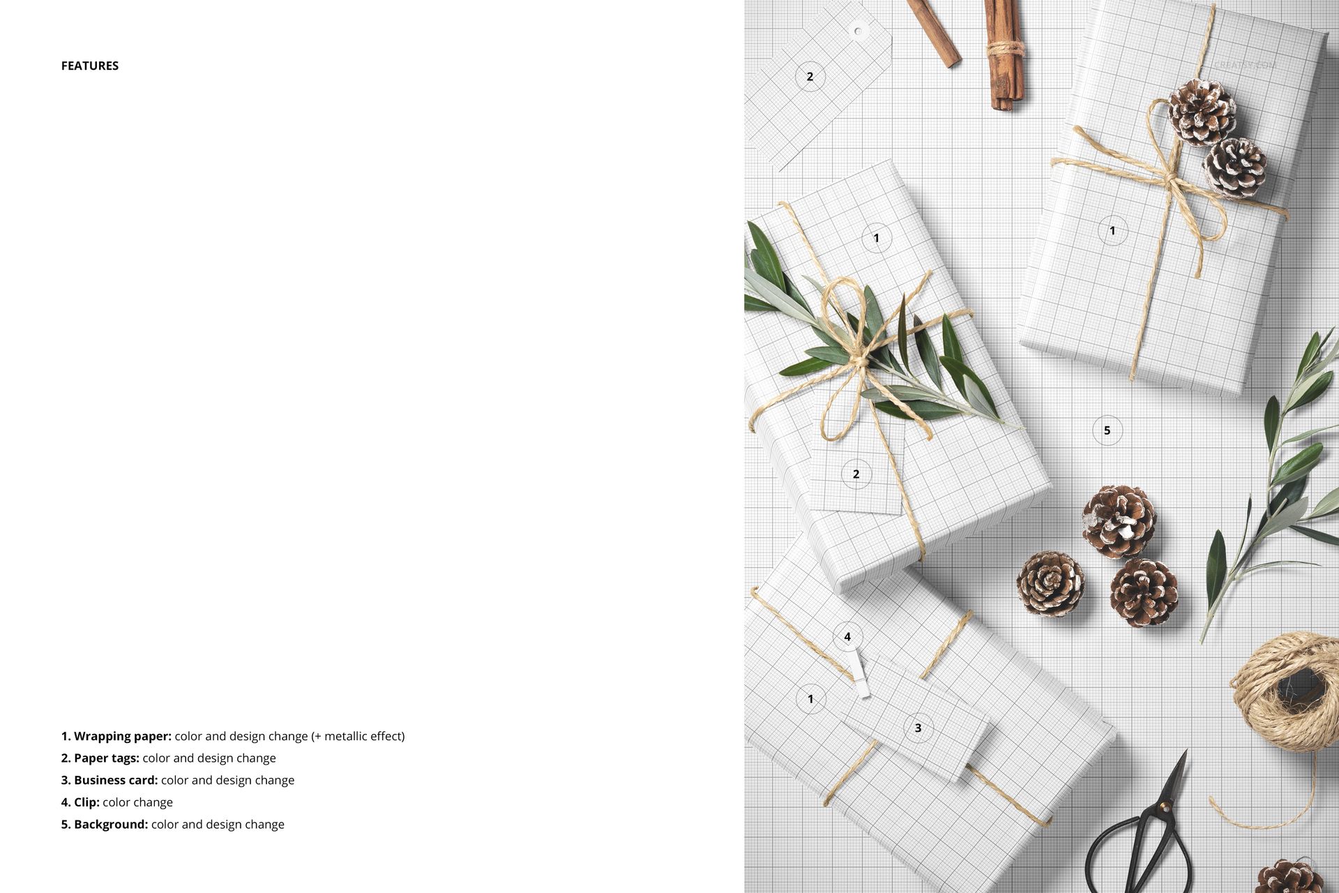 PSD mockup showing Christmas gifts in rectangular boxes, wrapped in grid paper with natural olive branches and pinecones.