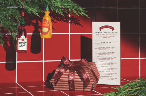 Christmas-themed fast food restaurant mockup featuring a wrapped gift box, menu card, and condiment bottles on a red tiled surface.