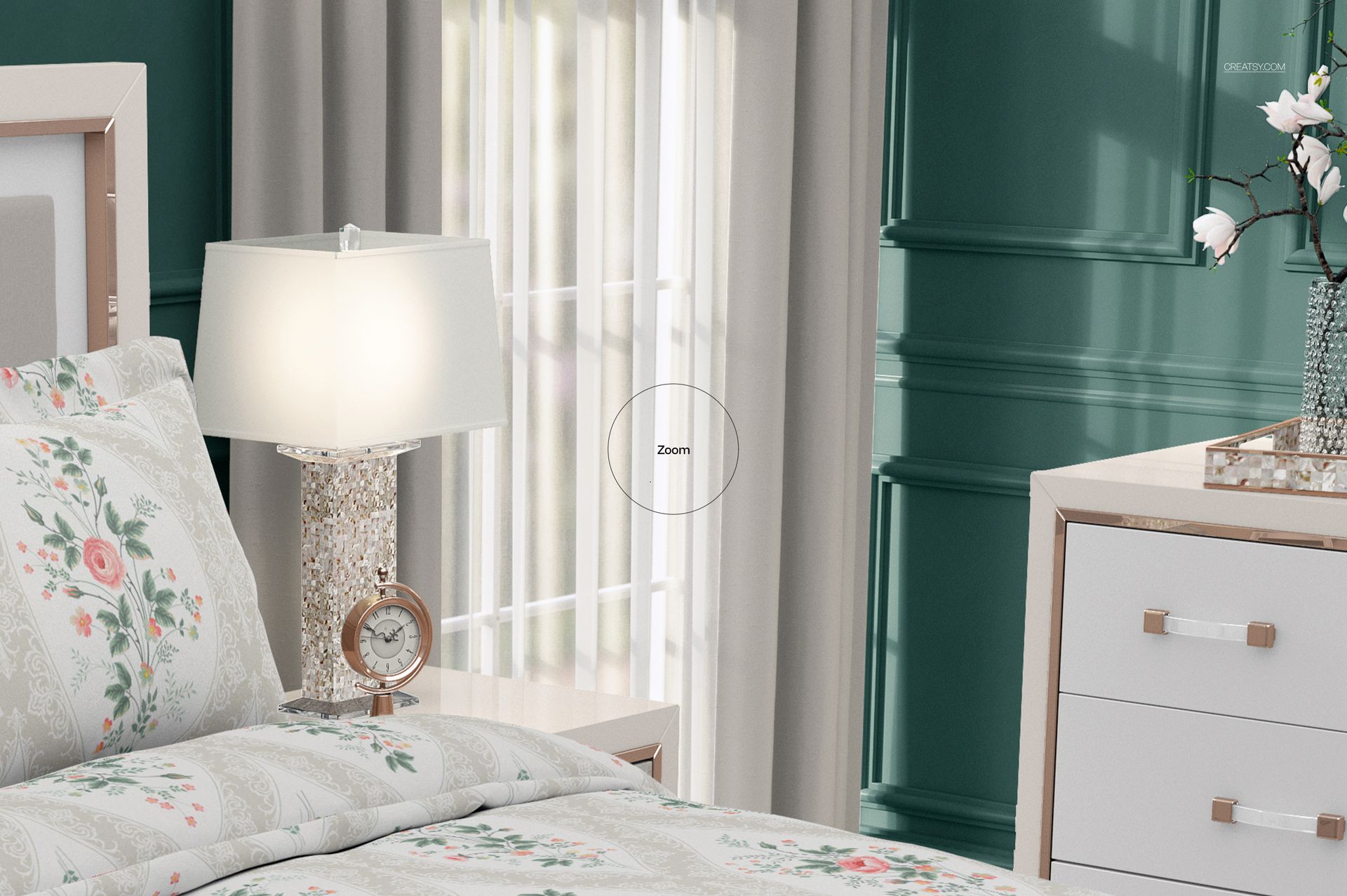 Elegant bedroom bedding mockup with flanged pillows, floral print, white lamp, and green walls in the background.