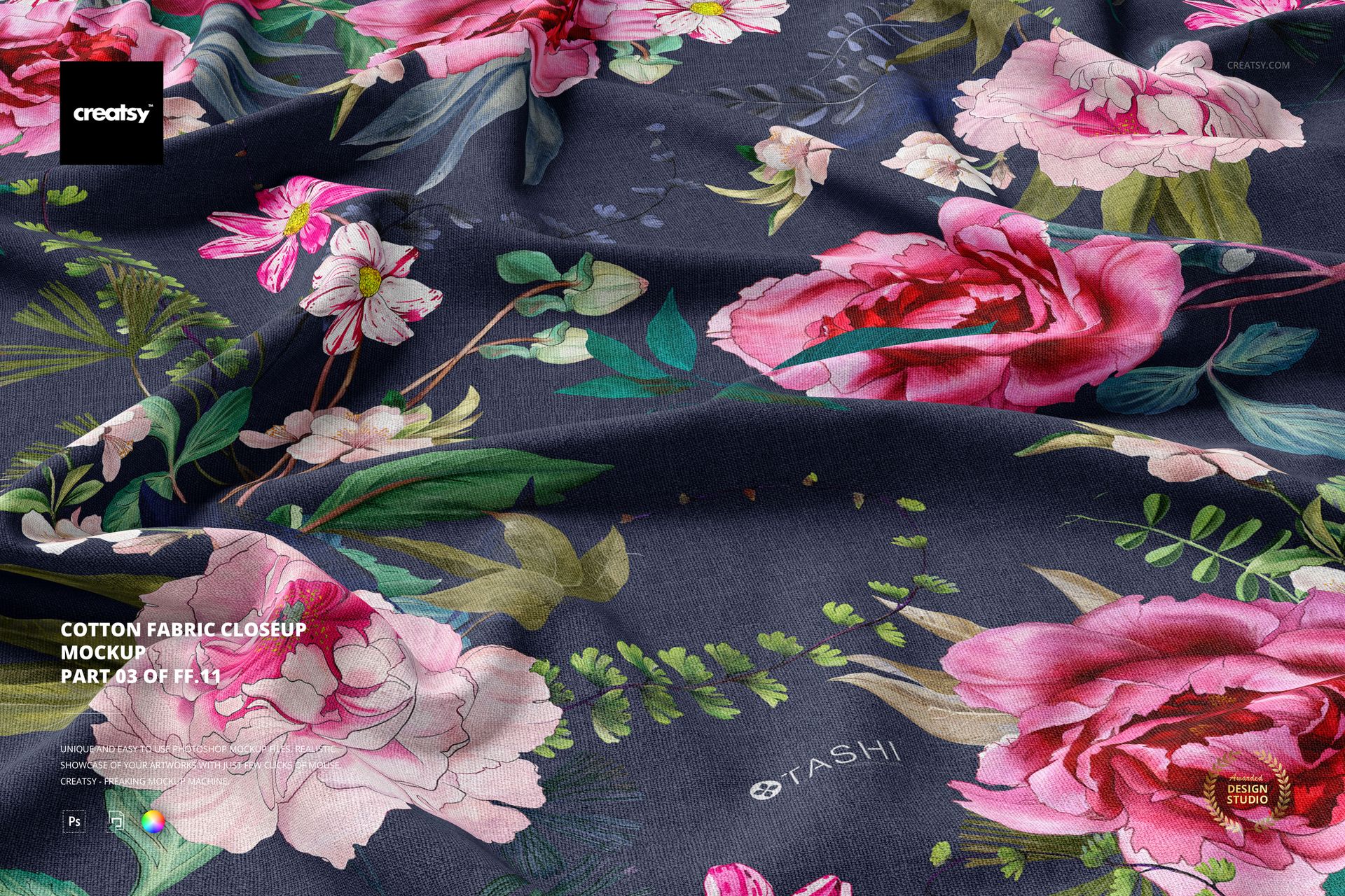 Detailed cotton fabric mockup showing large pink flowers and green leaves, arranged on a dark textured surface.