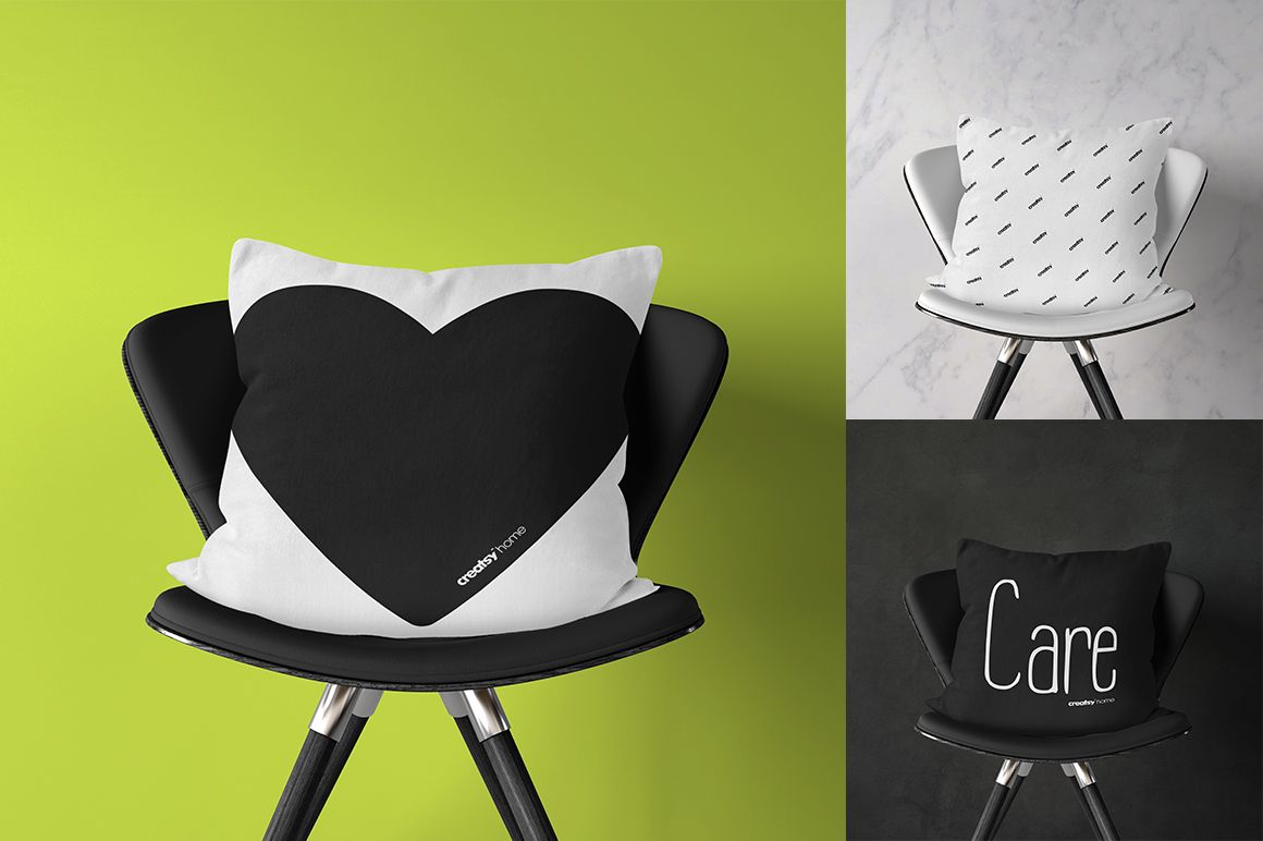 PSD mockup of throw pillows arranged on chairs, each with distinct monochrome designs and varied backgrounds.