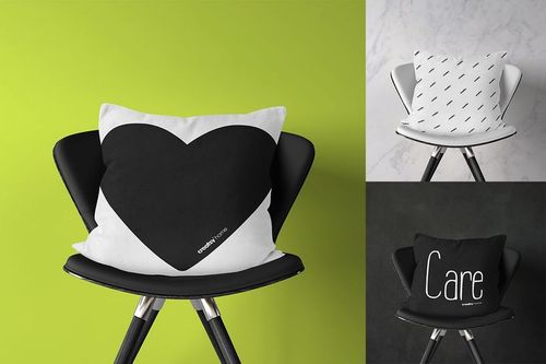 PSD mockup of throw pillows arranged on chairs, each with distinct monochrome designs and varied backgrounds.