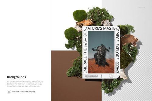 Front view of a nature-themed poster mockup with moss and greenery, placed on layered square backgrounds in neutral tones.