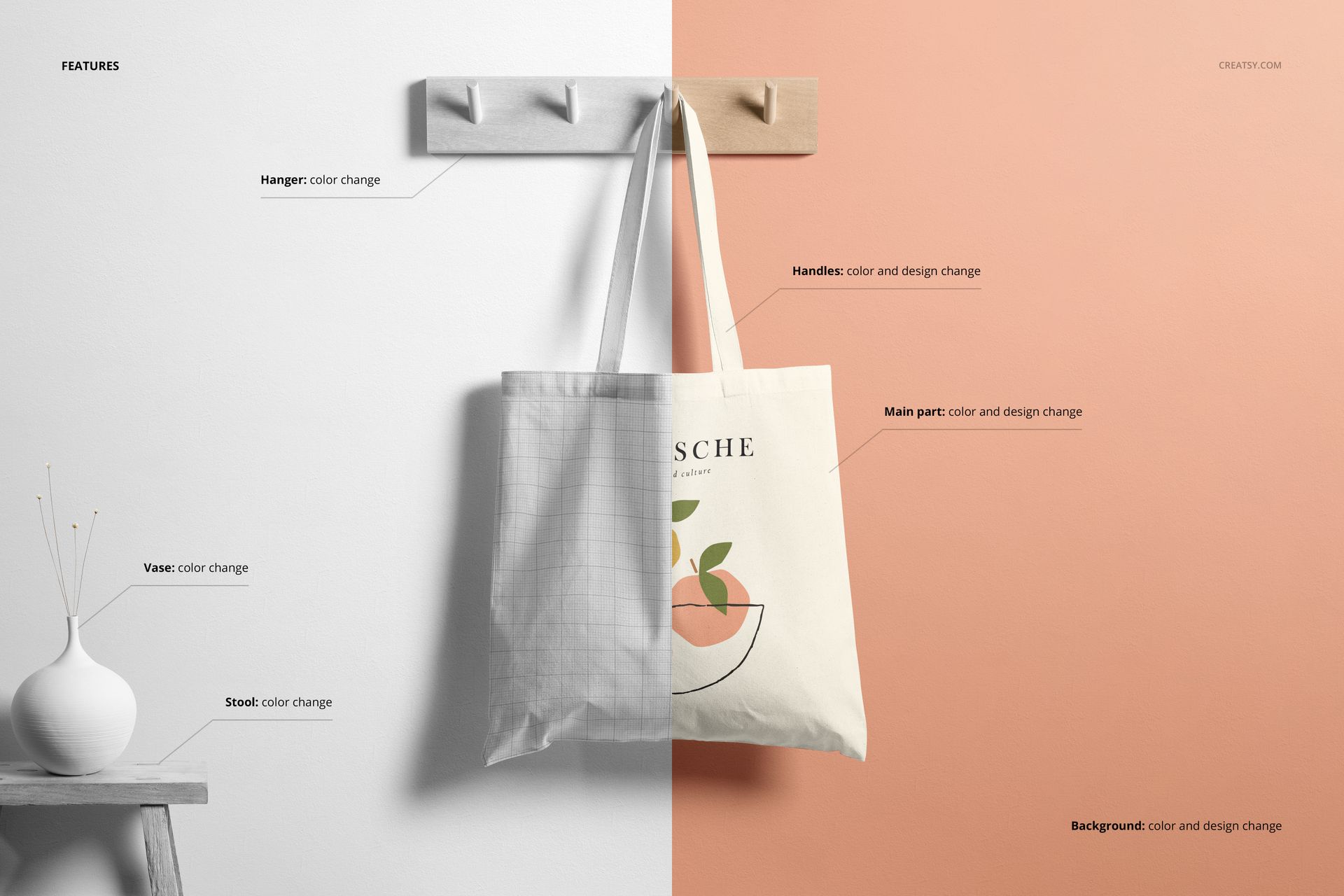 Front view of a tote bag mockup hanging on a wooden rack, with a split background in white and peach tones.